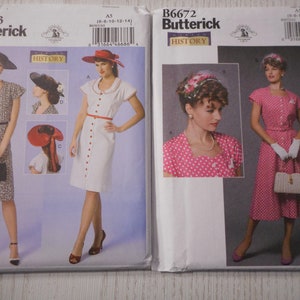 May include: Two vintage sewing patterns for dresses. The pattern on the left is Butterick B6363, sizes 6-8-10-12-14. The pattern on the right is Butterick B6672, sizes 8-10-12-14. Both patterns feature a dress with a button-up front and short sleeves.