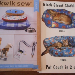May include: Sewing pattern for dog coats and accessories, and a pet couch in two sizes. The pattern includes instructions for making a plaid dog bed, a dog coat, and a leash. The pet couch is available in two sizes: 30x24 inches and 20x16 inches.