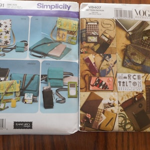 May include: Two sewing patterns for bags. The pattern on the left is Simplicity 4391 and features a variety of bags with floral and geometric designs. The pattern on the right is Vogue Accessories V8407 and features a variety of bags with a patchwork design.