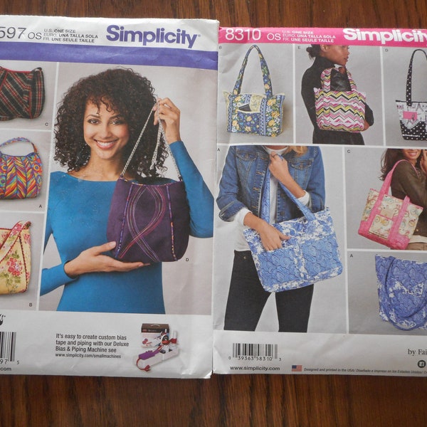 Tote bags and Hobo bags in various styles and sizes.  Your choice of like new sewing patterns.