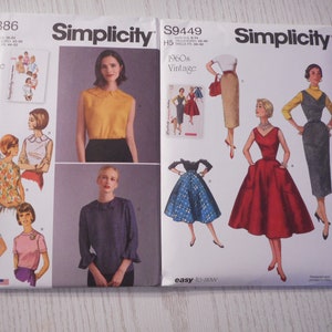 May include: Two vintage Simplicity sewing pattern envelopes. One features a variety of blouses, the other dresses and skirts. The text on the envelopes reads "1960s Vintage" and "easy-to-sew".