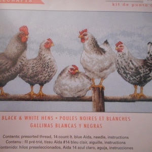 Black & White Hens, Counted Cross Stitch Kit by Dimensions. New, unopened kit.  16 x 8 inches.