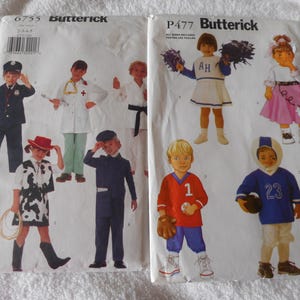 May include: Two sheets of sewing patterns from the brand Butterick. The first sheet is pattern number 6755 and features five different costumes: a police officer, a doctor, a cowboy, a chef, and a baseball player. The second sheet is pattern number P477 and features four different costumes: a cheerleader, a cowgirl, a football player, and a baseball player.