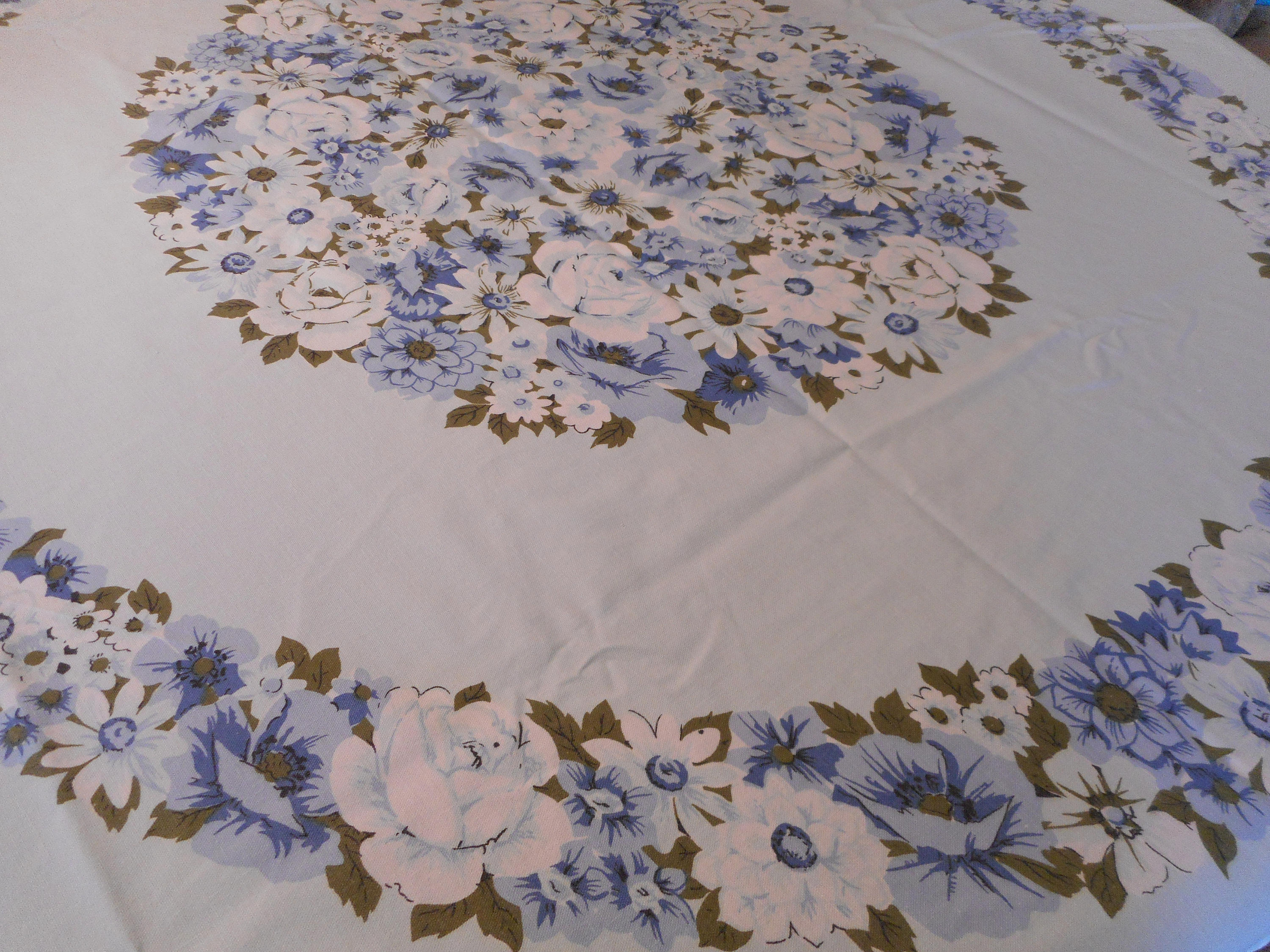 Vintage Tablecloth Blue Floral with fringe. Oval 60 x 66 Etsy