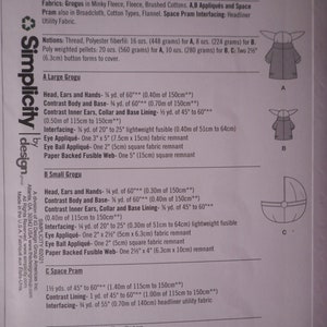 May include: A sewing pattern for a plush Grogu toy, also known as Baby Yoda, from the Star Wars series. The pattern includes instructions for making a large and small Grogu, as well as a space pram. The pattern is from Simplicity and has the number S9432.