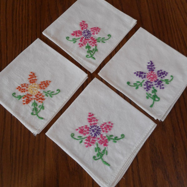 Vintage handmade napkins, embroidered set of four with Cross stitched flowers, Set of four