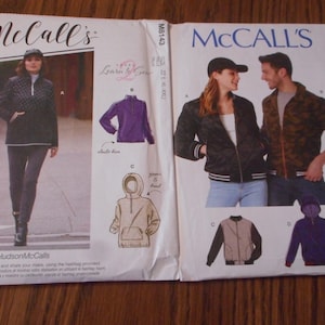 May include: McCall's sewing pattern featuring images of jackets and a hoodie. The pattern includes a woman wearing a black quilted jacket and a man wearing a camouflage jacket. The pattern also shows illustrations of the jacket and hoodie.