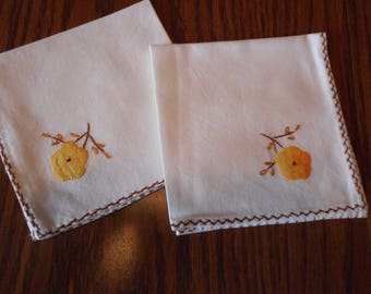 Vintage Handmade Napkins, Embroidery and Applique,  set of Two