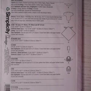 May include: Sewing pattern for baby accessories, including a hat, swaddle sack, towel, bath mitt, bib, and lining. The pattern includes instructions for making each item, as well as fabric and notions requirements. The pattern is for 12 pieces and is from Simplicity design.
