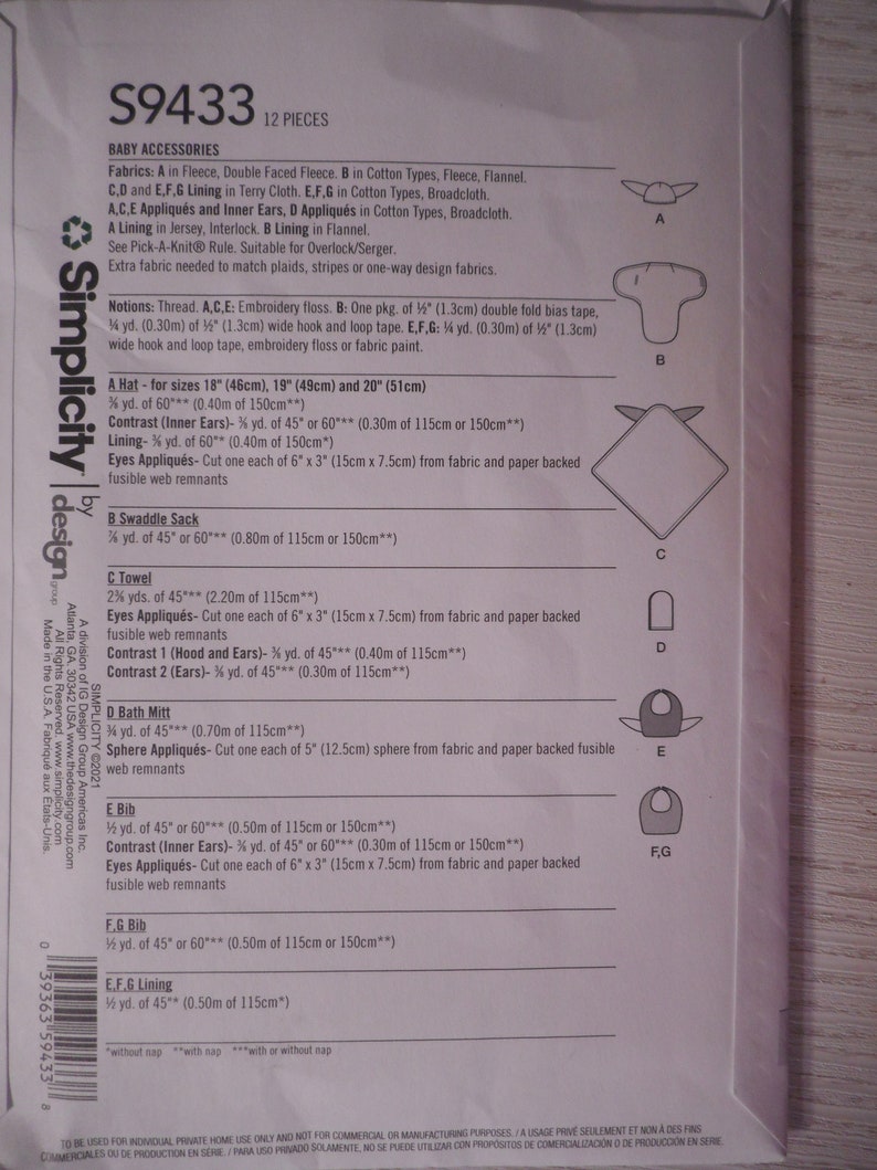 May include: Sewing pattern for baby accessories, including a hat, swaddle sack, towel, bath mitt, bib, and lining. The pattern includes instructions for making each item, as well as fabric and notions requirements. The pattern is for 12 pieces and is from Simplicity design.
