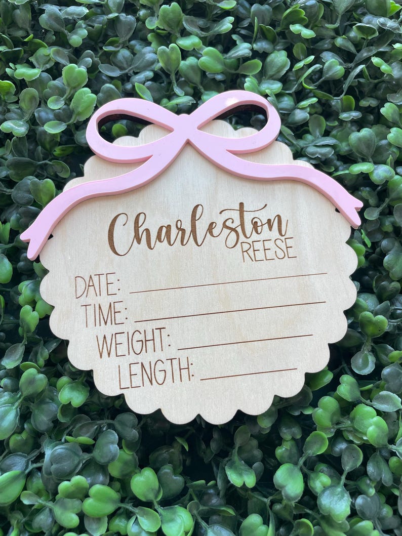 Scalloped Bow Girl Name Plate | Birth Announcement Sign Girl Baby Birth ...