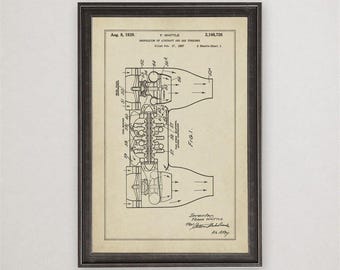 Frank Whittle Jet Engine Patent Print, 1939, Vintage Invention Drawing, Industrial Wall Art Gift