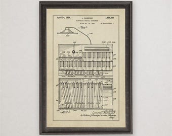 Laurens Hammond Organ Patent Print, 1934, Vintage Invention Drawing, Industrial Wall Art Gift