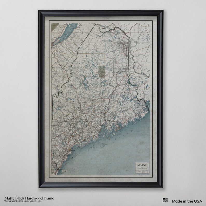 Maine Map, Vintage Map of Maine, Framed Map Options, Antique Maine Road