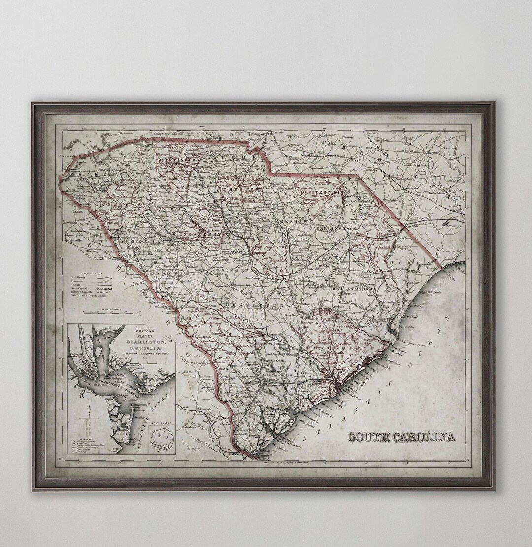 Vintage South Carolina Map Print, Antique State Wall Art, Charleston ...