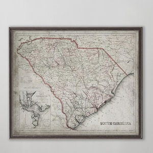 Mapa antiguo de Carolina del Sur, lámina decorativa para pared, decoración para el hogar en la región de Lowcountry de Charleston.