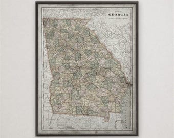 Georgia State Map Print, Vintage Southern Wall Art, Atlanta Savannah Home Decor Gift