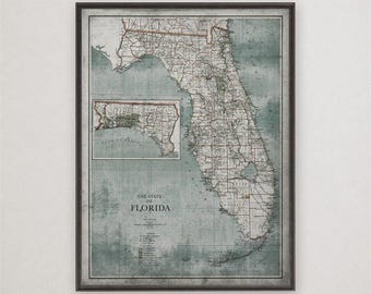 Vintage Florida Map Print, State Map Wall Art, Old Florida Coastal Decor, Sunshine State Gift