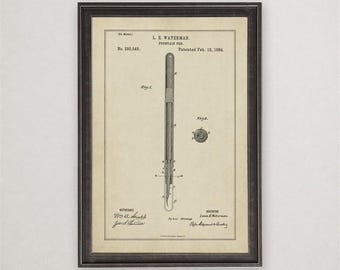 Lewis Waterman Fountain Pen Patent Print, 1884, Vintage Invention Drawing, Industrial Wall Art Gift