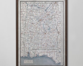 Alabama Road Map Print, Vintage Alabama State Map, Southern Wall Art Gift