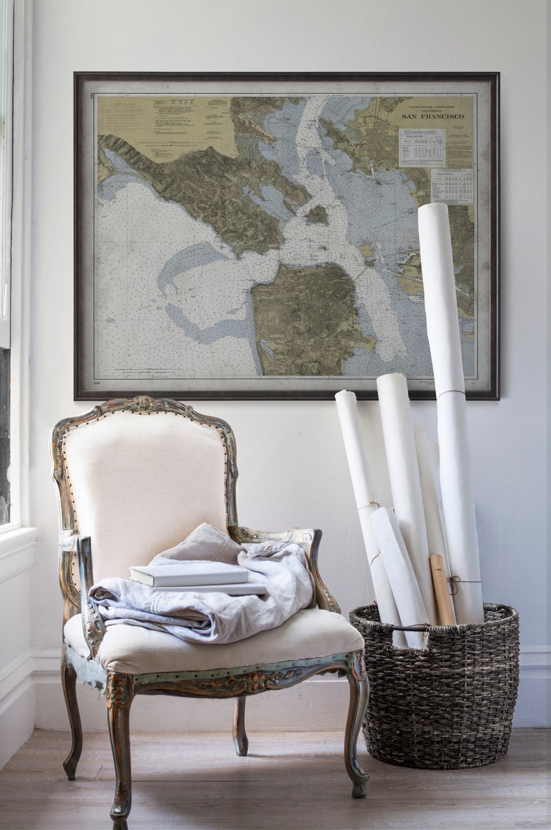 Circa 20th C. Nautical Map of the Bay Area Vintage Wall Art Home Decor Framed Options Available San Francisco Bay Area Map