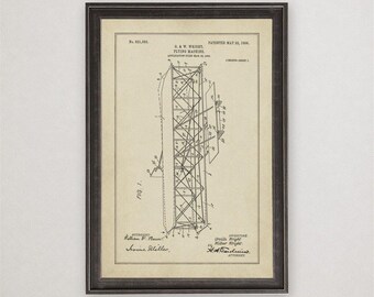 Wright Brothers Flying Machine Patent Print, 1906, Vintage Invention Drawing, Industrial Wall Art Gift