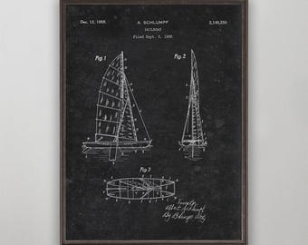 Segelbåtspatenttryck, vintage yachtritning, nautisk väggdekoration, gåva