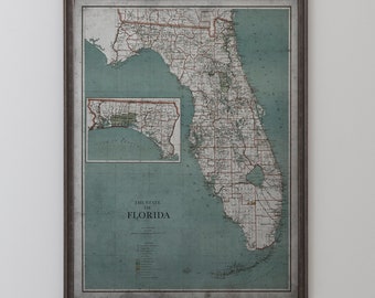 Florida Map, Vintage Map of Florida State, Vintage Wall Art,  Vintage Wall Decor