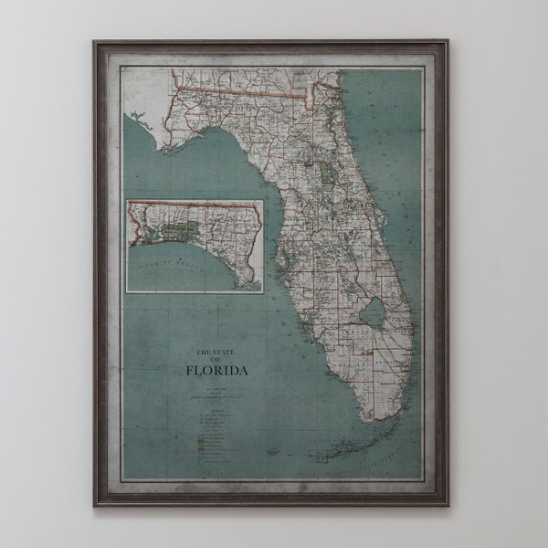 Florida Map, Vintage Map of Florida State, Vintage Wall Art,  Vintage Wall Decor