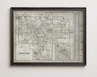 Stampa antica della mappa di Denver, mappa stradale vintage della città del Colorado, decorazione murale a un miglio di altezza, regalo per le Montagne Rocciose