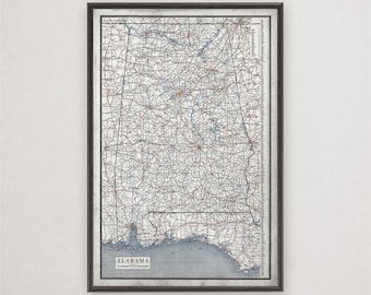 Alabama Road Map Print, Vintage Alabama State Map, Southern Wall Art Gift