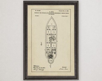 Nikola Tesla Remote Control Patent Print, 1898, Vintage Invention Drawing, Industrial Wall Art Gift