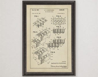 Toy Building Brick Patent Print, 1961, Vintage Invention Drawing, Industrial Wall Art Gift