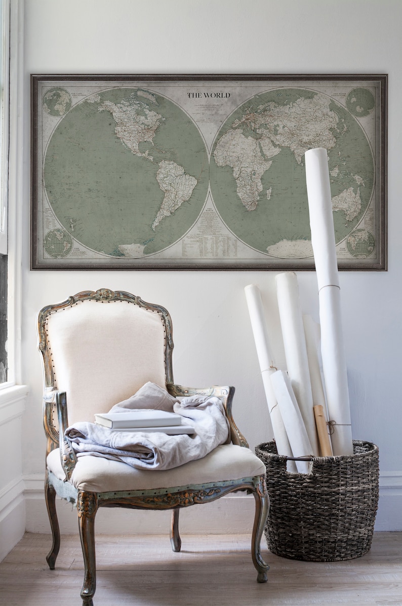 World Map, Vintage Map World Map, Framed Map Options, Antique Wall Art