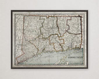 Connecticut Map Print, Vintage State Wall Art, New England Home Decor Gift