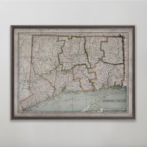 Vintage Connecticut State Map Print c. 1900, Antique Connecticut Map, New England Wall Art Home Decor