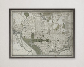 Vintage Washington DC Map Print, Capital City Wall Art, District of Columbia Office Decor Gift