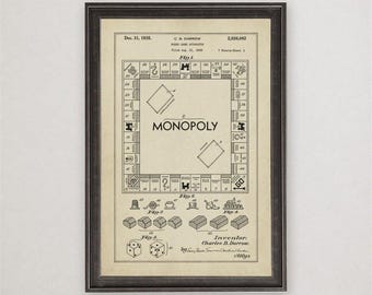 Charles Darrow Board Game Patent Print, 1935, Monopoly Blueprint, Vintage Game Room Wall Art, Inventor Gift