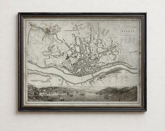 Porto Portugal Stadtplan-Kunstdruck, Vintage-Wandbild der Stadt am Douro-Fluss – Geschenkidee