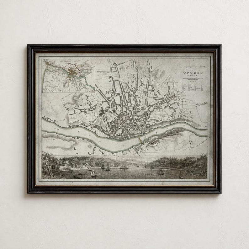 Stampa della mappa di Porto, Portogallo, arte murale vintage della città sul fiume Douro, idea regalo immagine 1
