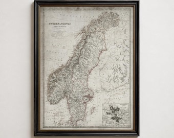 Sweden and Norway Map Print, Vintage Scandinavian Countries Wall Art Gift