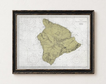 Hawaii Map アート作品 ヴィンテージ風フレーム Big Island Hawaii Map Art Print: Vintage Style Home Decor - Etsy