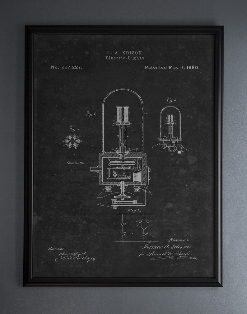 Vintage Edison Light Bulb Patent Print, Antique Electric Lamp Blueprint