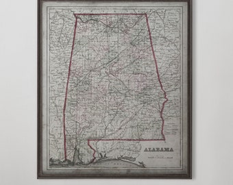 Alabama Map, State Map of Alabama, Vintage Wall Art, Wall Map, Circa 1850's Vintage Wall Art,  Vintage Wall Decor