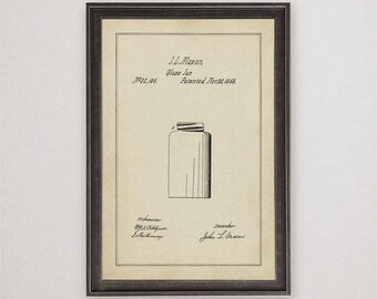 John Mason Glass Jar Patent Print, 1858, Vintage Invention Drawing, Industrial Wall Art Gift