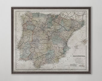 Spanien und Portugal Karte Druck, Vintage Iberische Halbinsel Wandkunst Geschenk