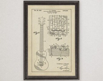 Clarence Fender Pickup Assembly Patent Print, 1951, Vintage Invention Drawing, Industrial Wall Art Gift