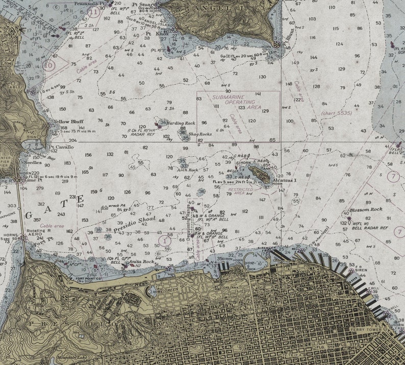 Circa 20th C. Nautical Map of the Bay Area Vintage Wall Art Home Decor Framed Options Available San Francisco Bay Area Map