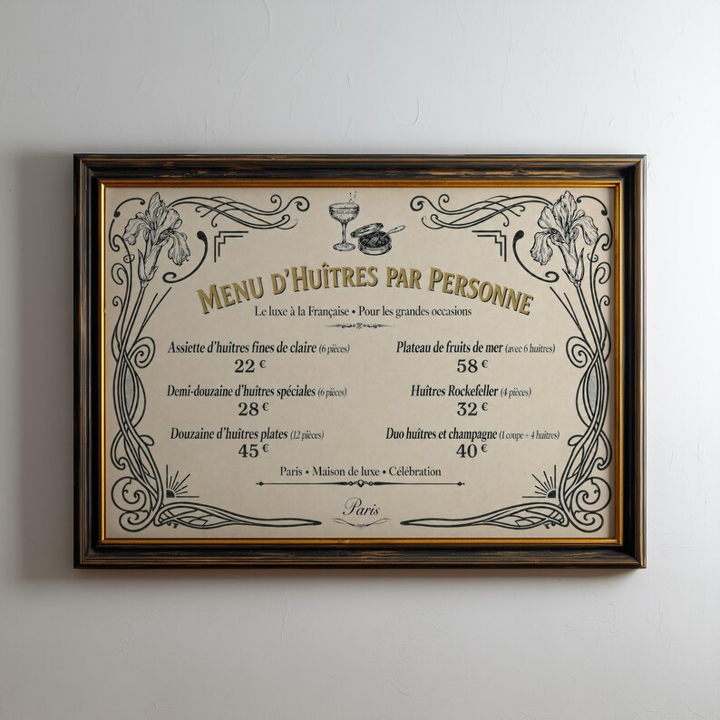 Vintage French Oyster Menu Poster C.1920s, Paris Restaurant Wall Art ...