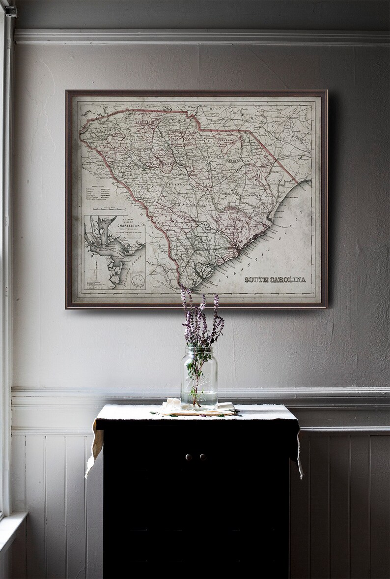 Vintage South Carolina Map Print, Antique State Wall Art, Charleston ...